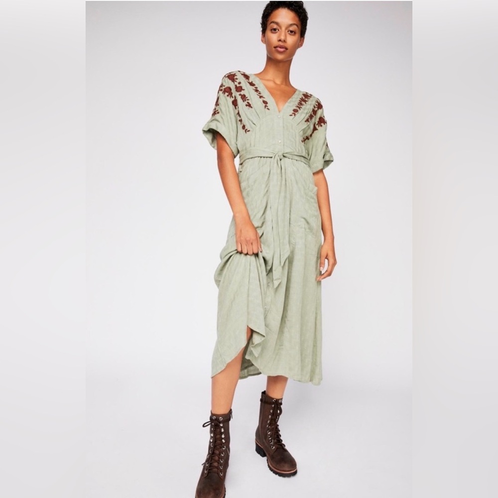 FREE PEOPLE Love to Love You Midi Dress Sage Green Embroidered XS‎
